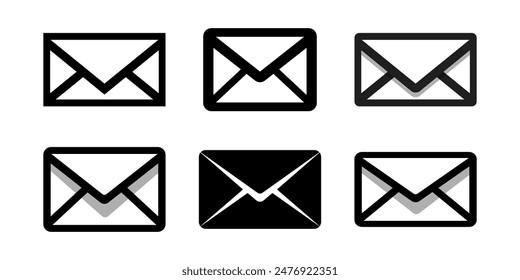 Mail icon set,  various envelope designs. Ideal for email, communication, and messaging projects, black closed envelope icons, new message silhouette, mail e-mail sign or symbol. New letter black icon