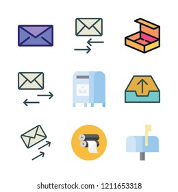 mail icon set. vector set about email, envelope, open box and paper roll icons set.