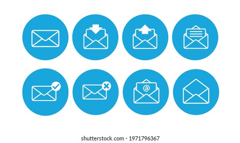 Mail Icon Set. Vector blue and white isolated illustration of mail signs