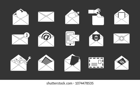 Mail icon set vector white isolated on grey background 