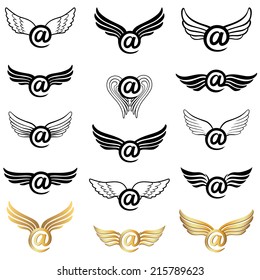 Mail icon set  winged. E-mail letter delivery sign