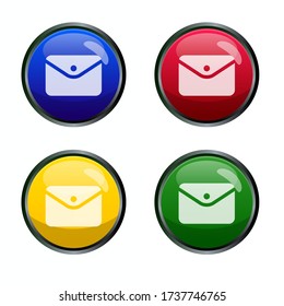 Icono de correo en la brillante ilustración vectorial de botón con 4 colores diferentes aislados en fondo blanco 