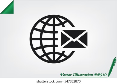 Mail icon vector EPS 10, abstract sign envelope and globe flat design,  illustration modern isolated badge for website or app - stock info graphics