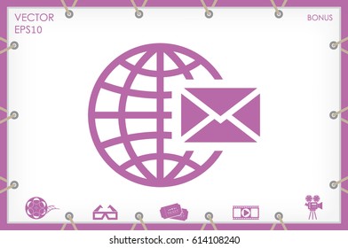 Mail icon vector EPS 10, abstract sign envelope and globe flat design,  illustration modern isolated badge for website or app - stock info graphics.