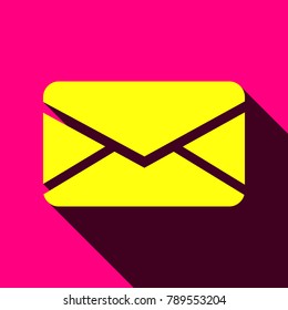 Mail icon. Vector. Flat yellow icon with with semitransparent shadow on rose background.