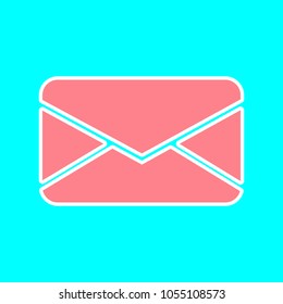 Mail icon. Vector. Magenta icon with white sticker contour at sky blue background. Isolated.