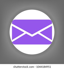 Mail icon. Vector. Violet icon on white circle with shadow at gray background.