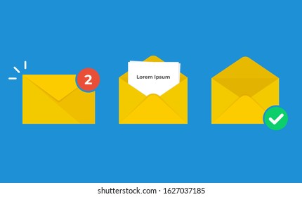 Mail icon. Yellow envelope icon. Read message. Incoming new email message. Flat vector illustration of the new messages in the inbox. Concept for phone apps, tablets, and other software. 