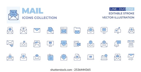 Iconos de correo colección. Estilo de línea Duotone, trazo editable. correo electrónico, correo, éxito, marketing por correo electrónico, carpeta, carta, archivo adjunto, mensaje, reenviar mensaje, bandera, protegido.