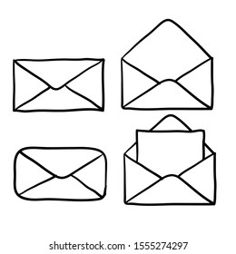 Mail icons collection, open and closed envelopes, e-mail symbol. hand drawn doodle style cartoon style