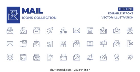 Mail icons collection. Thin Line icons, editable stroke. email, paper plane, postbox, letter, mail, mails, marketing, message, invitation, mailbox, sms, stats, envelope, success.