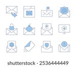 Mail icons. Line Duotone style, editable stroke. email, forward message, email marketing, flag, protected, at, mail, marketing.