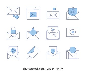 Iconos de correo. Estilo Duotone de la línea, golpe editable. correo electrónico, mensaje de reenvío, email marketing, bandera, protegido, en, correo, marketing.