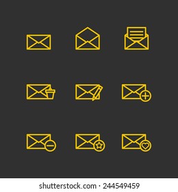 Mail icons - Mails yellow icon set on grey background. Vector illustration EPS10.