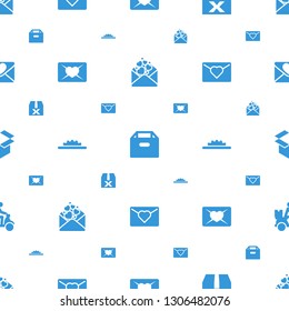 mail icons pattern seamless white background. Included editable filled love letter, box, question box, camera wheel, courier on motorcycle icons. mail icons for web and mobile.