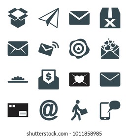 Mail icons. set of 16 editable filled mail icons such as paper airplane, question box, box, courier, love letter, camera wheel, envelope with dollar bill, message on phone