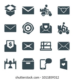 Mail icons. set of 16 editable filled mail icons such as parcel, mail, love letter, box, arrow up, courier on motorcycle, envelope with dollar bill