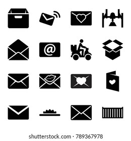 Mail icons. set of 16 editable filled mail icons such as mail, love letter, box, cargo box, courier on motorcycle, envelope, email