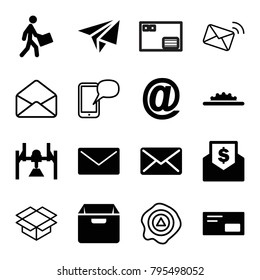 Mail icons. set of 16 editable filled and outline mail icons such as box, courier, camera wheel, envelop, envelope with dollar bill, arrow up, envelope, message on phone