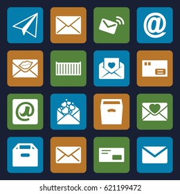 Mail icons set. set of 16 mail filled icons such as paper airplane, cargo box, love letter, box, at email, envelop