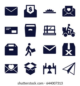 Mail icons set. set of 16 mail filled icons such as parcel, paper airplane, box, courier, courier on motorcycle, love letter, camera wheel, envelop, mail