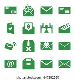 Mail icons set. set of 16 mail filled icons such as mail, love letter, email, letter, envelop, envelope with dollar bill, box, question box