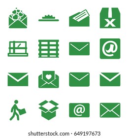 Mail icons set. set of 16 mail filled icons such as parcel, mail, cargo box, box, courier, love letter, email, at email, letter, camera wheel