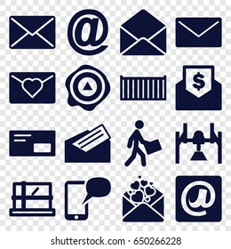 Mail icons set. set of 16 mail filled icons such as parcel, cargo box, arrow up, courier, love letter, envelope, at email, letter, envelop, message on phone