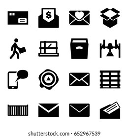 Mail icons set. set of 16 mail filled icons such as parcel, mail, cargo box, box, arrow up, courier, love letter, letter, message on phone
