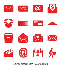 Mail icons set. set of 16 mail filled icons such as cargo box, box, courier, love letter, envelope, email, letter, camera wheel, envelop