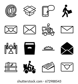 Mail icons set. set of 16 mail filled and outline icons such as courier, courier on motorcycle, envelope, box, parcel, love letter, letter, camera wheel