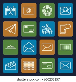Mail icons set. set of 16 mail outline icons such as paper airplane, cargo box, courier on motorcycle, love letter, envelope, email, letter, camera wheel, envelop
