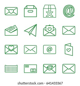 Mail icons set. set of 16 mail outline icons such as paper airplane, cargo box, love letter, email, letter, parcel, box