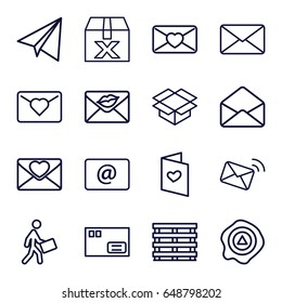 Mail icons set. set of 16 mail outline icons such as paper airplane, cargo box, box, arrow up, courier, love letter, envelope, email, mail, parcel