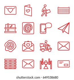 Mail icons set. set of 16 mail outline icons such as parcel, paper airplane, cargo box, arrow up, courier, courier on motorcycle, love letter, at email, envelop