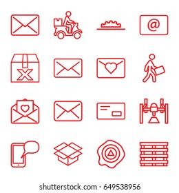 Mail icons set. set of 16 mail outline icons such as cargo box, box, arrow up, courier, courier on motorcycle, love letter, email, camera wheel, envelop, message on phone