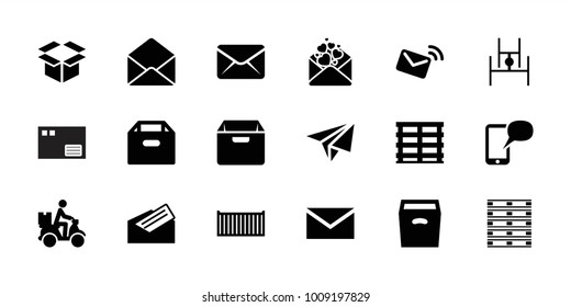 Mail icons. set of 18 editable filled mail icons: mail, box, cargo box, courier on motorcycle, love letter, envelope, letter, message on phone, paper airplane