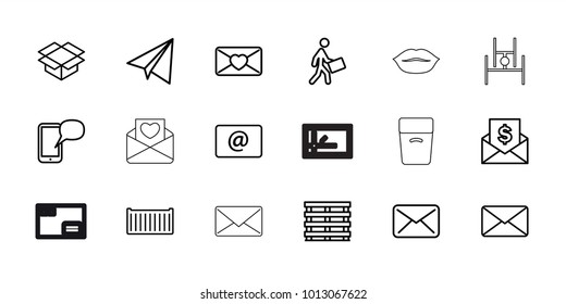 Mail icons. set of 18 editable outline mail icons: paper airplane, cargo box, box, courier, love letter, mail, email, envelope with dollar bill, message on phone