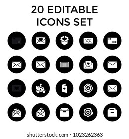 Mail icons. set of 20 editable filled mail icons such as parcel, box, arrow up, courier on motorcycle, love letter. best quality mail elements in trendy style.