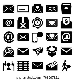 Mail icons. set of 25 editable filled mail icons such as mail, box, question box, cargo box, arrow up, courier, love letter, email, letter, envelope with dollar bill