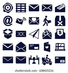 Mail icons set. set of 25 mail filled icons such as parcel, paper airplane, cargo box, box, arrow up, courier, courier on motorcycle, love letter, envelope, letter, envelop