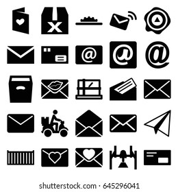 Mail icons set. set of 25 mail filled icons such as parcel, paper airplane, mail, cargo box, arrow up, courier on motorcycle, love letter, envelope, email, box, letter