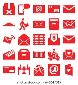 Mail icons set. set of 25 mail filled icons such as mail, cargo box, courier, courier on motorcycle, love letter, envelope, email, box, at email, letter, camera wheel, envelop
