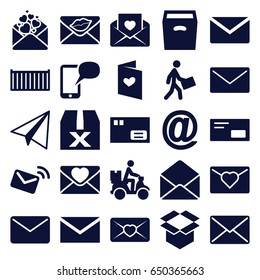 Mail icons set. set of 25 mail filled icons such as paper airplane, cargo box, box, courier, courier on motorcycle, love letter, envelope, envelop, message on phone