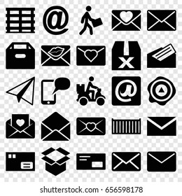 Mail icons set. set of 25 mail filled icons such as paper airplane, mail, cargo box, box, arrow up, courier, courier on motorcycle, love letter, envelope, letter, envelop