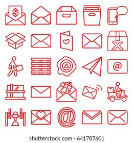 Mail icons set. set of 25 mail outline icons such as parcel, paper airplane, mail, cargo box, box, arrow up, courier, courier on motorcycle, love letter, envelope