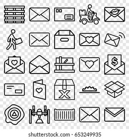 Mail icons set. set of 25 mail outline icons such as parcel, cargo box, box, arrow up, courier, courier on motorcycle, love letter, envelope, mail, camera wheel, envelop