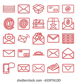Mail icons set. set of 25 mail outline icons such as parcel, mail, cargo box, box, love letter, envelope, email, letter, camera wheel, envelop, message on phone