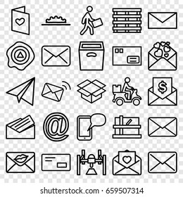 Mail icons set. set of 25 mail outline icons such as parcel, paper airplane, cargo box, box, arrow up, courier, courier on motorcycle, love letter, letter, camera wheel