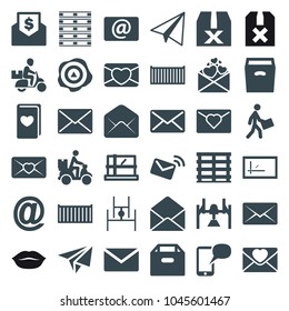 Mail icons. set of 36 editable filled mail icons such as parcel, paper airplane, mail, box, love letter, question box, cargo box, courier, courier on motorcycle, envelope